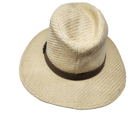 Disney Woven Fedora Panama Hat Adult Size Micky Mouse Metal Logo Brown Belt Trim - Picture 8 of 11